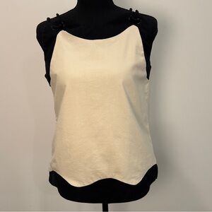 AUREUM Womens Linen Cotton Blend Ivory with Black Trim Scalloped Hem Tank Medium